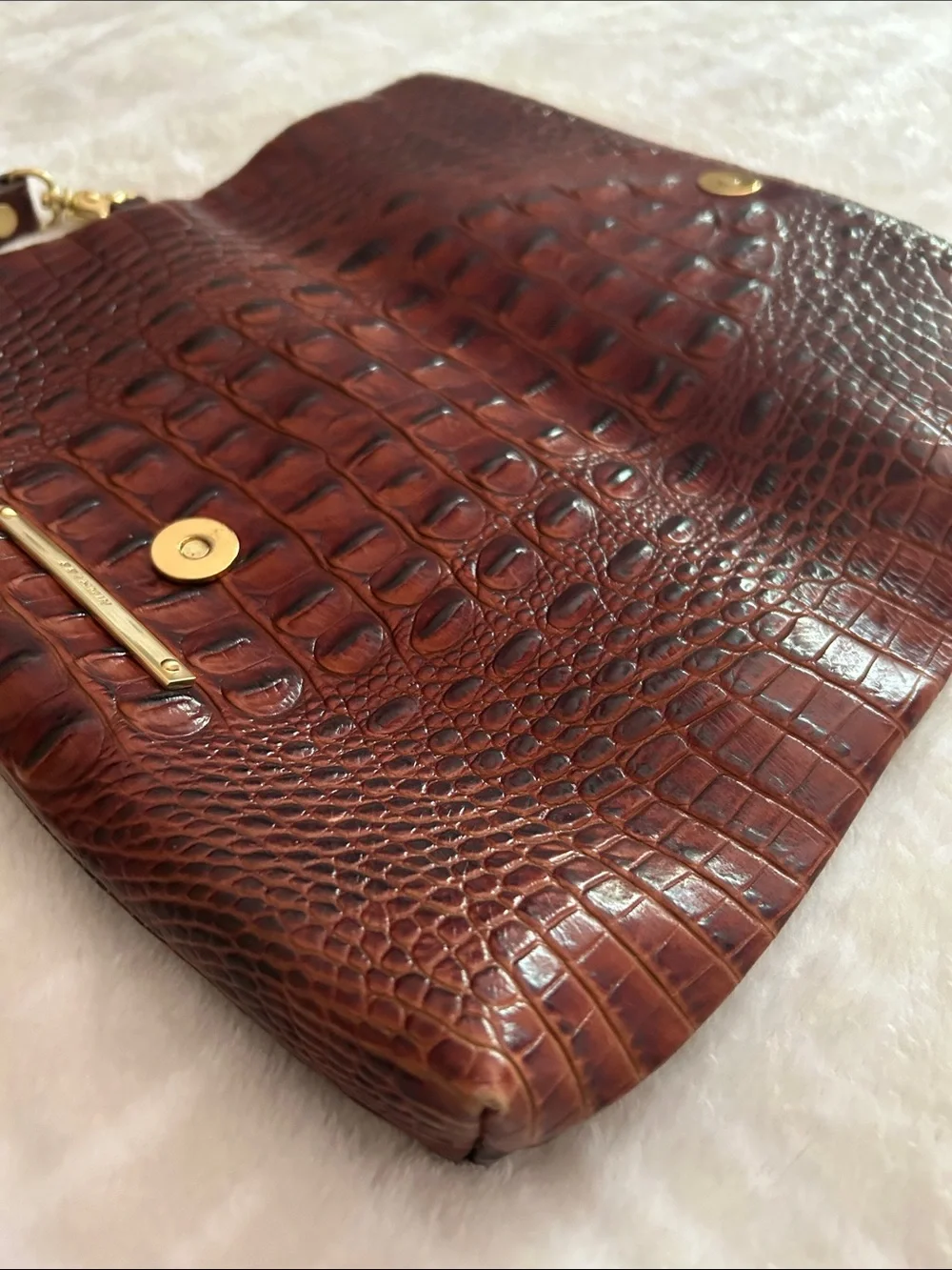 Brahmin Brown Croc-Embossed Leather Foldover Wristlet Clutch with Gold Hardware